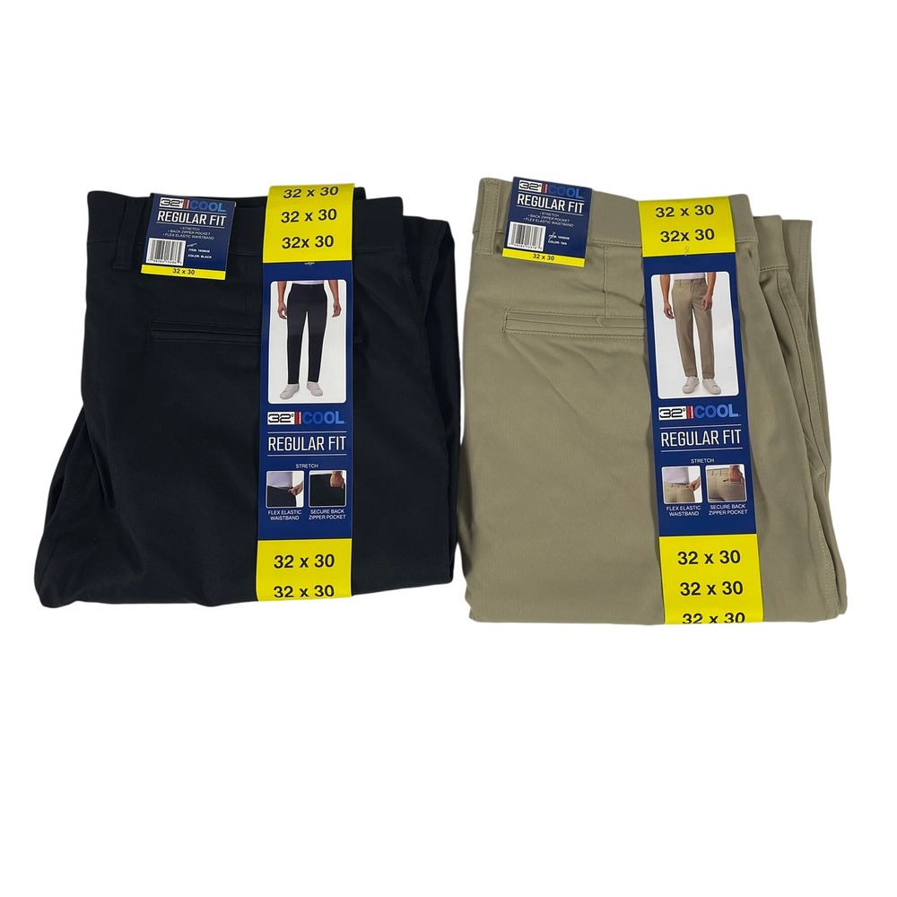 32 Degrees Cool Mens Regular Fit Stretch Pants 32x30 Black Tan 2 Pack 1656658